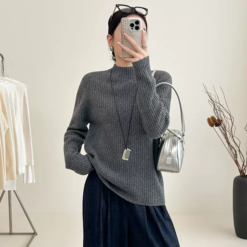 秋冬韩版休闲坑条简约半高领珠片羊绒羊毛针织衫毛衣打底衫上衣女