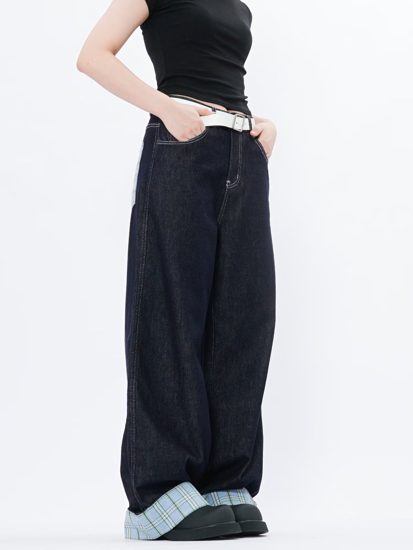 American Style Straight-Leg Rolled Hem Jeans Men Women, Spring And Autumn New Loose Patchwork Plaid Blue Pants For Men,_mkmklike.com