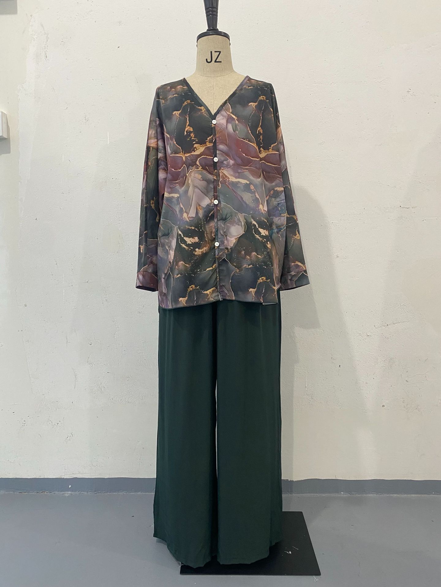 Spring Hand Painted Printed Shirt Top Wide Leg Pants Two Piece Women Clothing