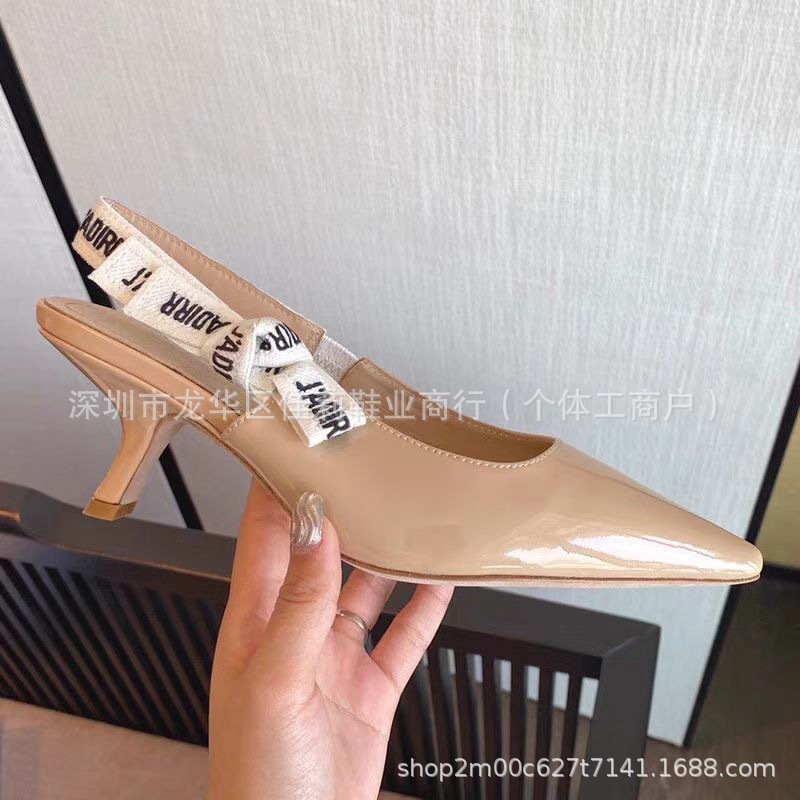 跨境现货2025新款刺绣蝴蝶结猫跟高跟珍珠条纹尖头浅口后空凉鞋女|undefined