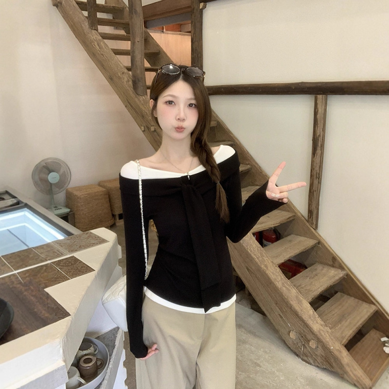 2025秋装新款胖mm大码女纯欲撞色一字肩高级感显瘦T恤|undefined