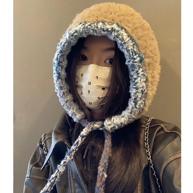 手工大头围毛绒针织帽显脸小帽子女韩版毛线帽保暖护耳帽可斜挎帽|undefined