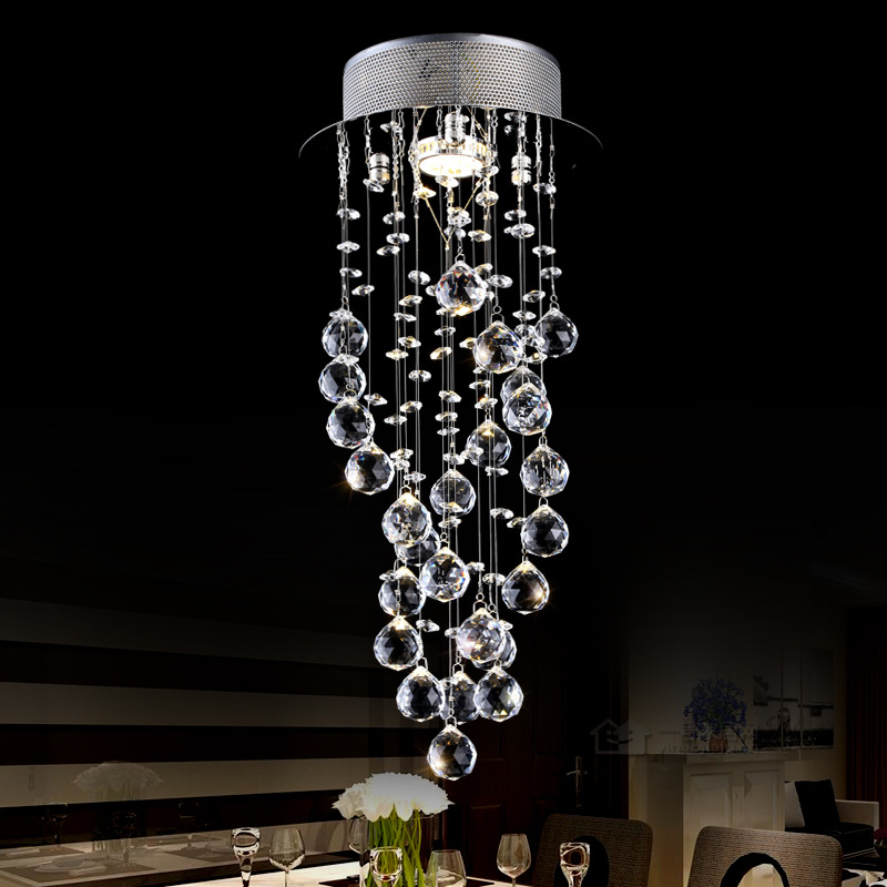European-style simple crystal chandelier Villa living room long chandelier LED rotating staircase lamp chandelier