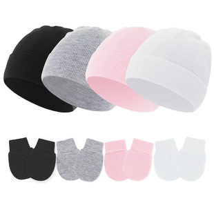 2025 Newborn Baby Fetal Cap Male and Female Baby Solid Color Pullover Hat Anti-Scratch Gloves 0-1 Knitted Hat Set Cross-Border