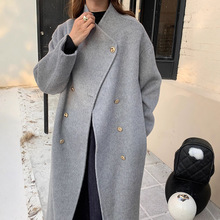 韩版金扣高级感毛呢大衣女2025秋冬新款双排扣宽松简约毛呢外套女
