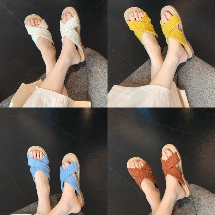 Dos versiones de sandalias planas de Grape Mom ~ Sandalias y pantuflas de punta abierta tejidas cruzadas estilo vacaciones verano femenino