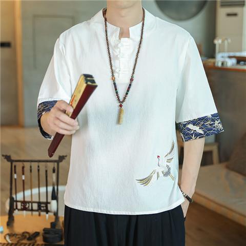 Camiseta de estilo chino para hombre verano fino grulla bordada de algodón y lino camiseta de manga corta para hombre con hebilla suelta de cinco puntos y media manga para hombre