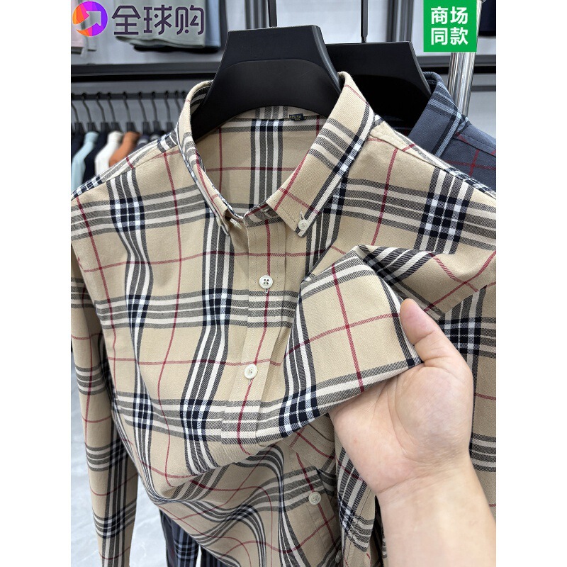 Tommy Men's Long Sleeve Shirt Spring and Autumn Plaid Pure Cotton Casual Business Non-Iron Shirt