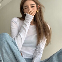 夏季新款百搭纯色宽松圆领长袖冰丝防晒T恤打底衫女韩版修身上衣