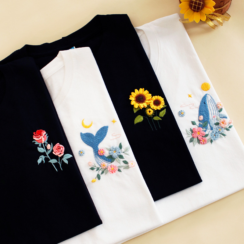 Embroidery Handmade diy Material Bag Couple T-Shirt Beginners Simple Self-embroidered Rose Short-sleeved Creative Gift for Boyfriend