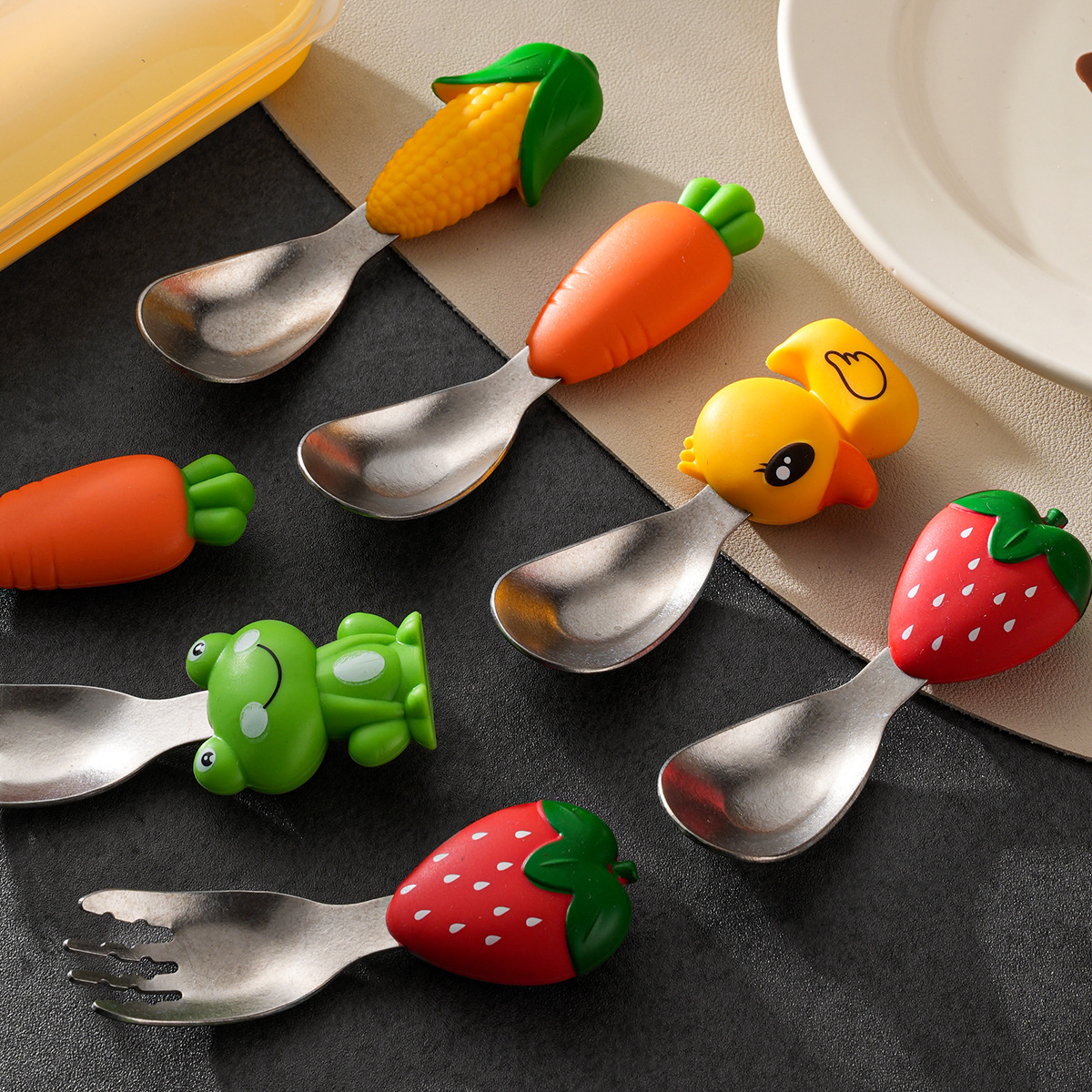 Baby Titanium Spoon Fork Creative Cartoon Cute Food Supplement Spoon Soft Handle Pure Titanium Eating Spoon Kidsren's Fork and Spoon Set
