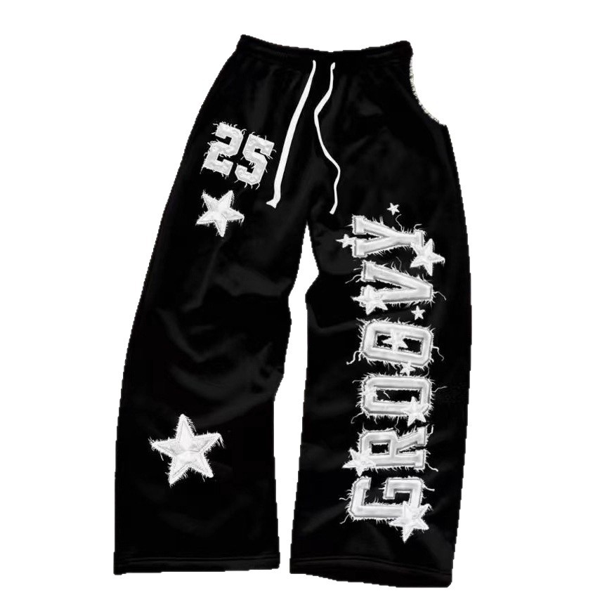 NOKOMETA American Retro Letter Star Printed Sweatpants, Trendy Brand Street Loose Drawstring Straight Sweatpants For Men And Women_voghion.com