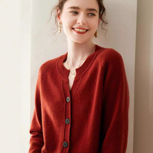红色毛衣羊绒圆领开衫女山羊绒衫插肩加厚宽松毛衣针织慵懒外套