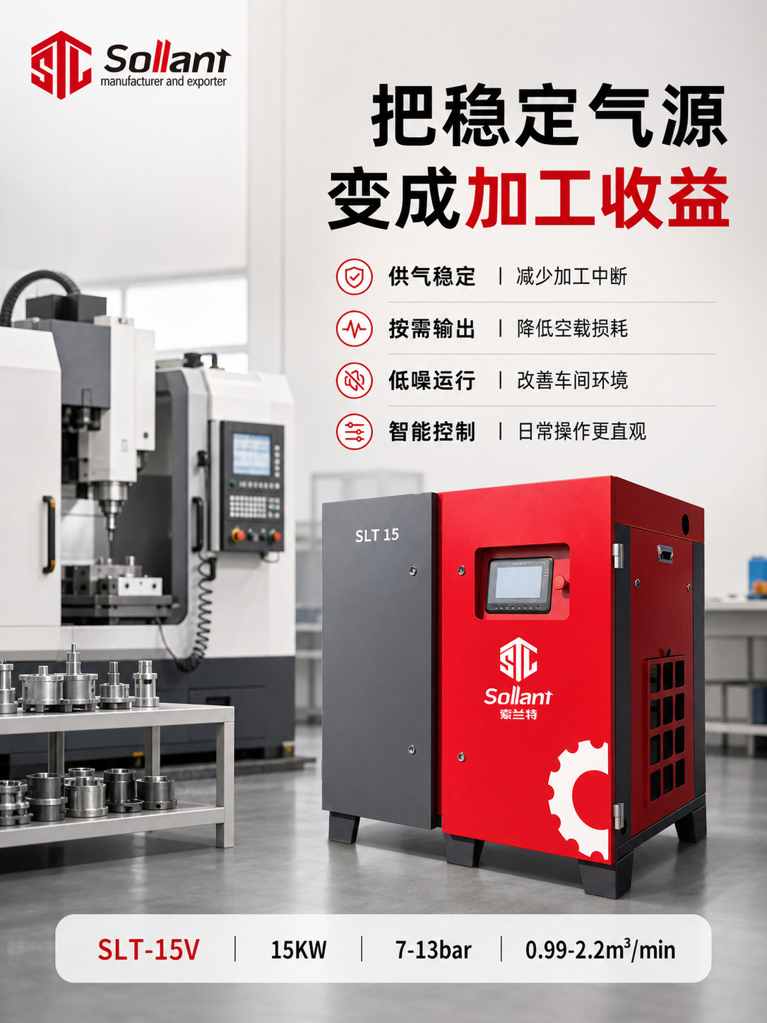 Solant 15KW Permanent Magnet Variable Frequency Screw Air Compressor 7-13bar Industrial Grade CNC Processing Equipment Low Noise Energy Saving