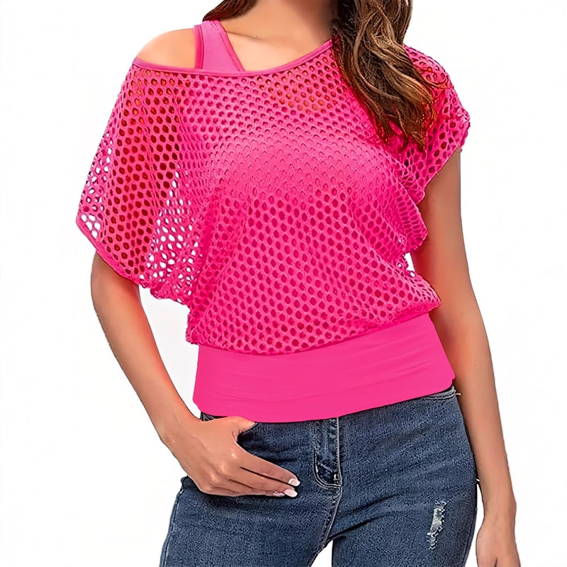 Cross-Border Export European and American Women's Casual Fashion Sexy Neon Vacation Vest + Fishnet Off-Shoulder T-Shirt Two-Piece Set