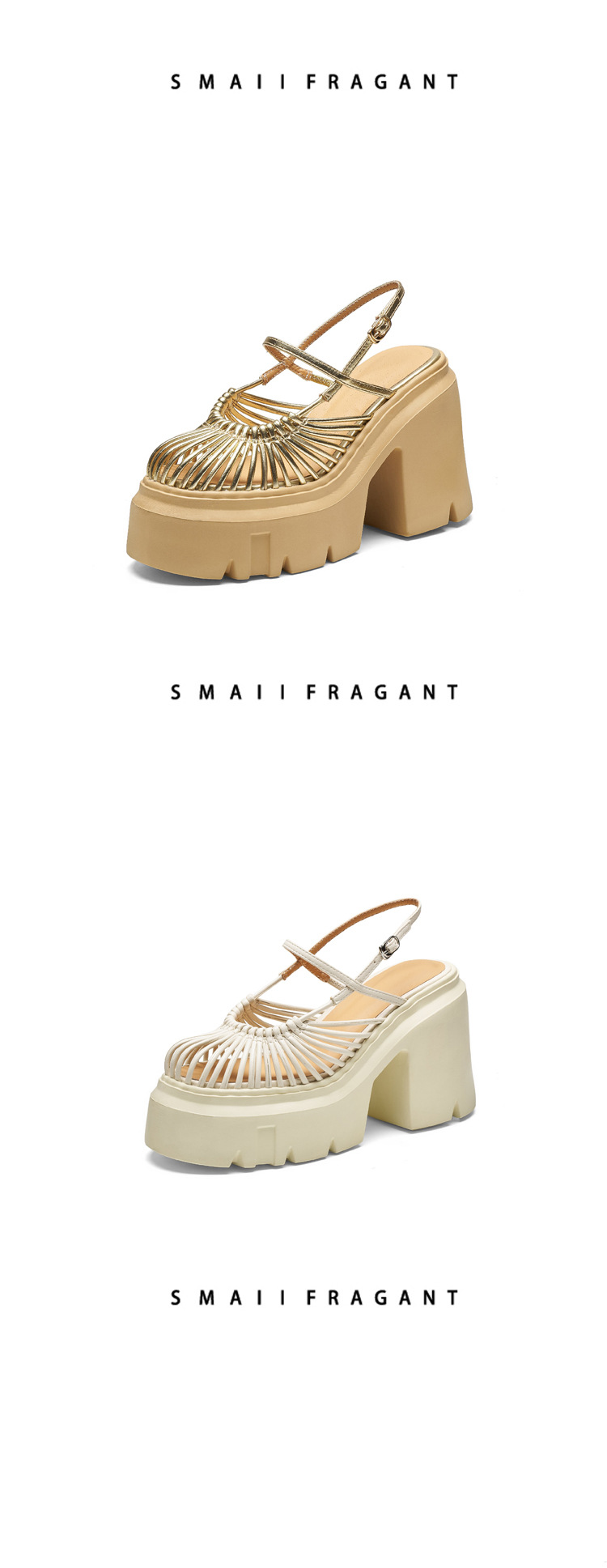 Sandal cao gót nữ quai ngang đan kiểu Pháp, mũi kín, gót 12 cm — màu trắng ngà chi tiết 6