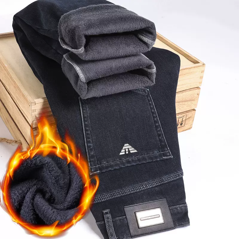 2025冬季新款高端轻奢欧货加绒牛仔裤男士直筒修身弹力纯棉休闲裤