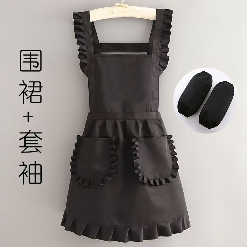 韓国版防汚エプロン家庭用キッチン調理エプロン女性用プリントケータリングミルクティーショップ洋風メイド作業服|undefined