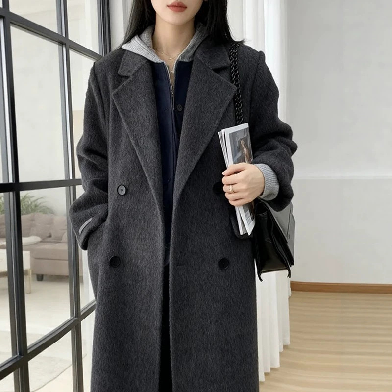 Small-stature women's double-sided wool coat, mid-length, 2025 autumn/winter new model, black and gray sheep wool coat Small-stature women's double-sided wool coat, mid-length, 2025 autumn/winter new model, black and gray sheep wool coat