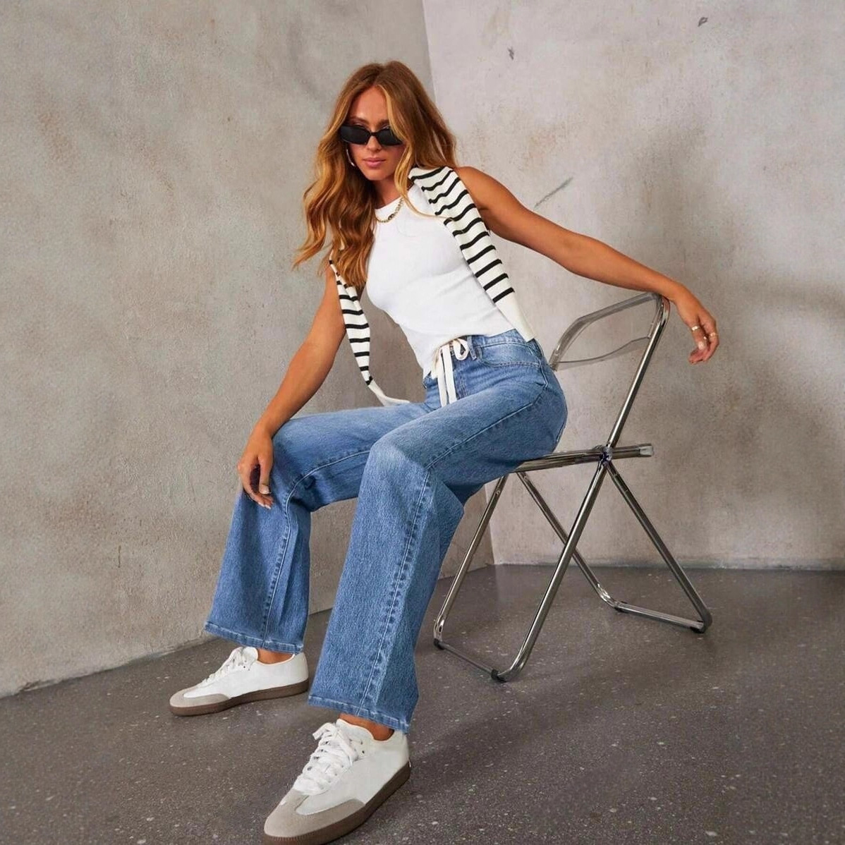 外贸跨境美国本土仓现货代发大码系绳牛仔裤女中弹高腰合身直筒裤