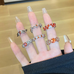 輕奢鍍金橙色開口戒指女款滿鑽十字架豹紋波點時尚百搭氣質食指戒