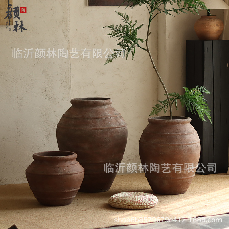 Retro de cerámica roja de cemento maceta de flores de viento tranquilo decoración de alojamiento ornamentos antiguos gran tanque sala de estar hotel gran maceta de plantación