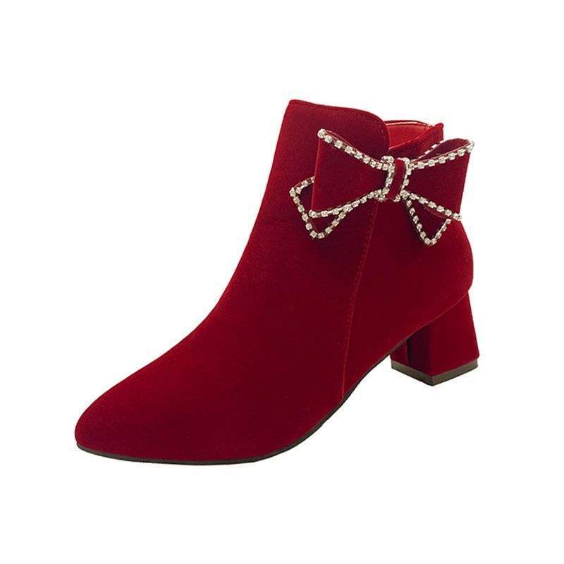 Burgundy Winter Wedding Shoes for Women, Thick-Heeled Bridal Shoes, Mid-Heel Maternity Boots with Added Fleece, Comfortable Chinese-Style Xiuhe Dress Shoes