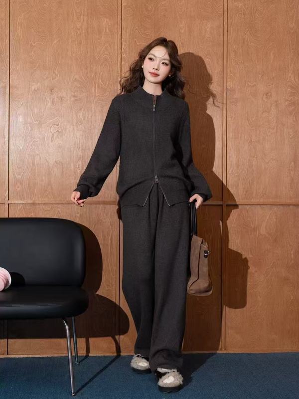 跨境女装新款针织两件套秋冬时尚休闲双拉链开衫上衣+阔腿裤套装|undefined