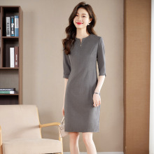 高级感灰色职业连衣裙女春夏正式场合中袖气质内搭连体工作服裙子