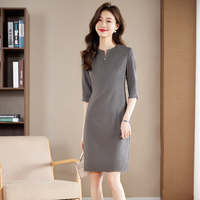 高级感灰色职业连衣裙女春夏正式场合中袖气质内搭连体工作服裙子