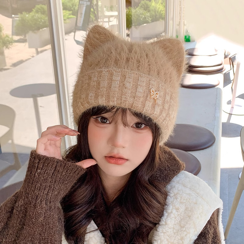 秋冬季可爱猫耳朵毛线帽子女加厚保暖户外防寒可爱舒适百搭针织帽|undefined