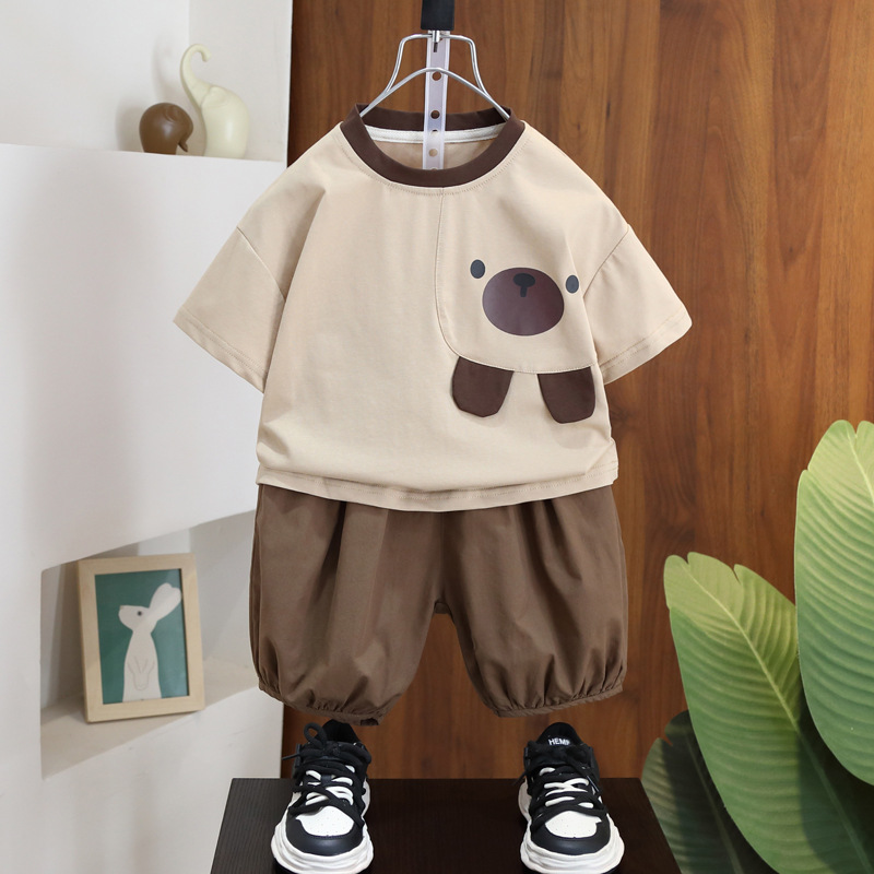 7237 Traje de verano para niños Traje de verano para niños Manga corta 2025 Nuevo estilo Estilo occidental Traje de dos piezas de moda de verano para bebés