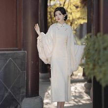 新中式复古改良旗袍连衣裙秋冬加绒加厚白色古风汉服旗袍女连衣裙
