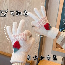 冬季保暖女手套骑行加厚针织毛绒防寒学生2025秋冬新款五指可触屏