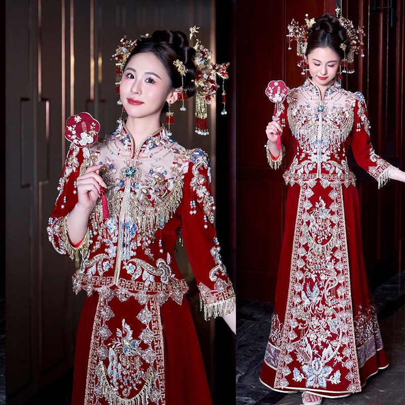 Xiuhe Dress for Bride 2025 Wedding Reception Dress Petite Slimming New Chinese Style Wedding Dress Velvet National Trend Style