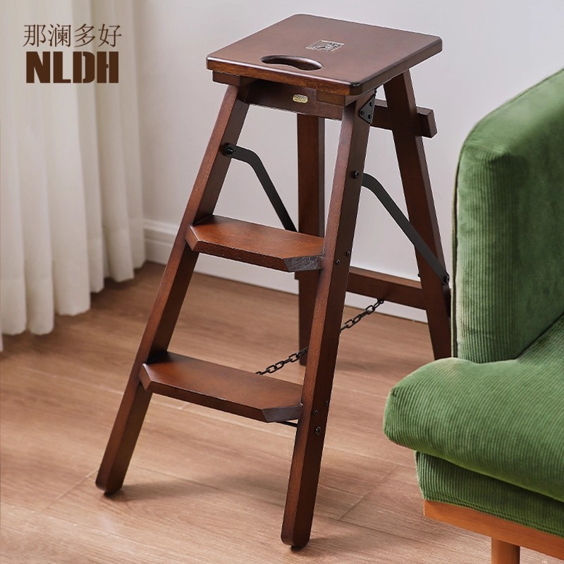 Solid Wood Chair Stool Bar Chair High Stool Bar Chair Dual-Purpose Household Ladder Three-Step Ladder Folding Ladder Ladder Stool