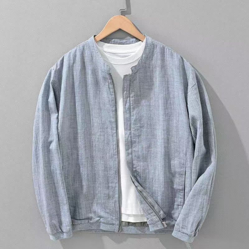 2026 Lightweight Stand Collar Men's Jacket, Casual Shirt, Loose Collarless Top, Light Gray/Black