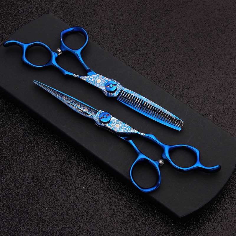 蓝色大马士革专业美发剪刀6寸亚马逊热卖款工厂