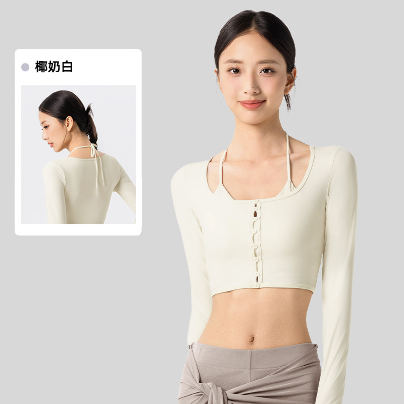 猫耳挂脖假两件长袖瑜伽服女带胸垫短款修身一体式运动健身服上衣|undefined