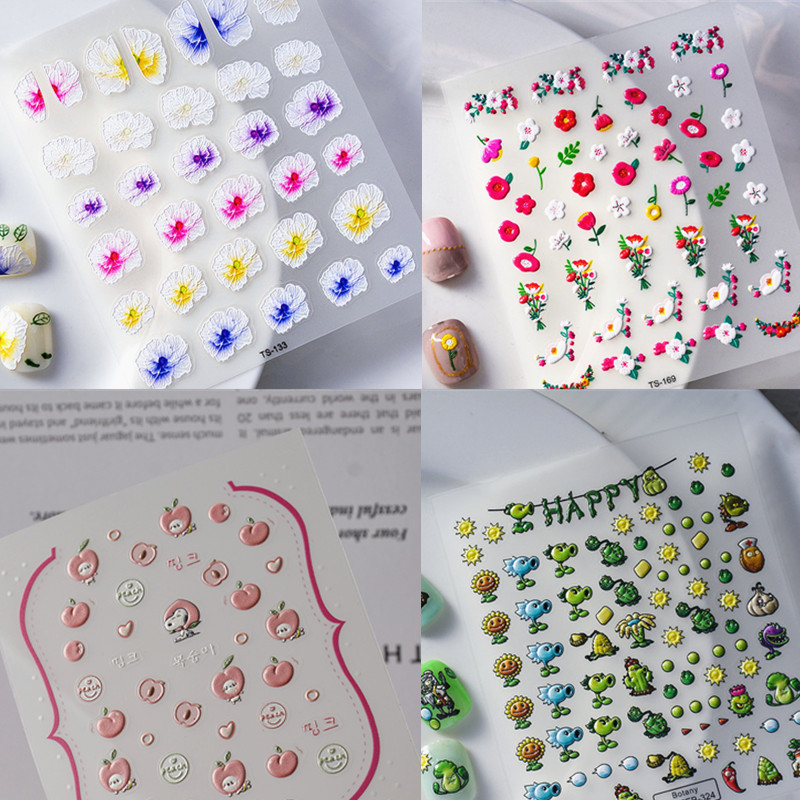 清仓处理  新工艺日系花朵指甲贴批发浮雕自带背胶美甲贴纸5D可爱