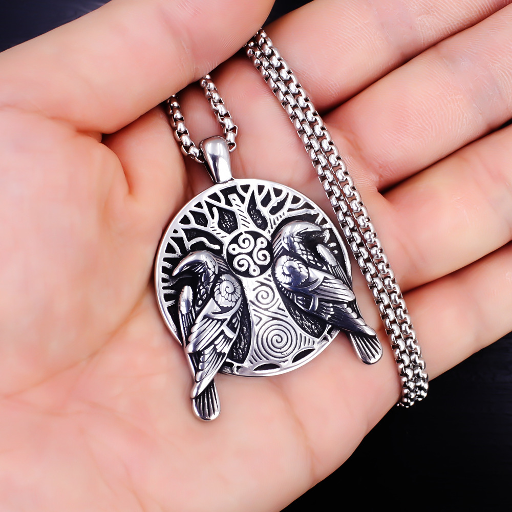 Pendentif Viking Arbre De Vie Double Oiseau En Acier Inoxydable_voghion.com