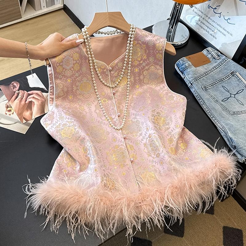 Autumn and Winter New High-End Elegant Jacquard Sleeveless Versatile Vest Ostrich Feather New Chinese Style National Style Vest for Women