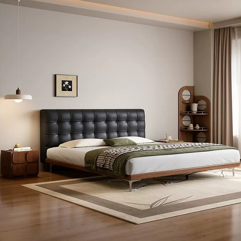 Cama de cuero principal simple red retro madera de cera blanca minimalista waffle doble cama de madera sólida de envoltura suave piel de vaca