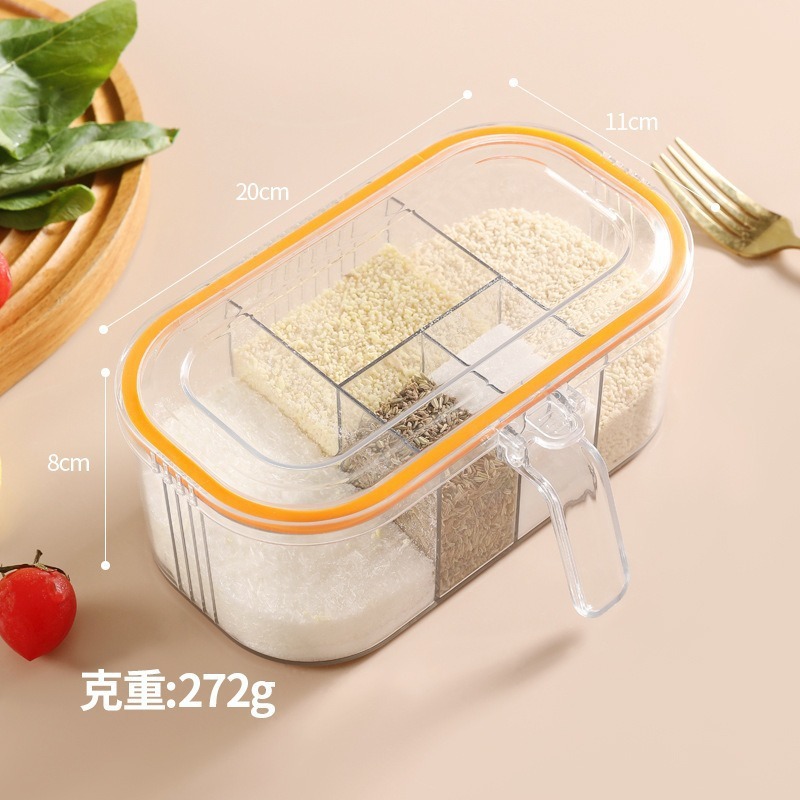 Caja de condimento de compresión de PET de cocina sellada a prueba de humedad con cuchara, sal, MSG, caja de condimento, tanque de condimento de rejilla múltiple