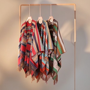 New Spring and Summer Women's Vintage Tassel Shawl Ethnic Style Stripe Stitching All-match Sun Protection High-grade Sense Cloak Scarf
