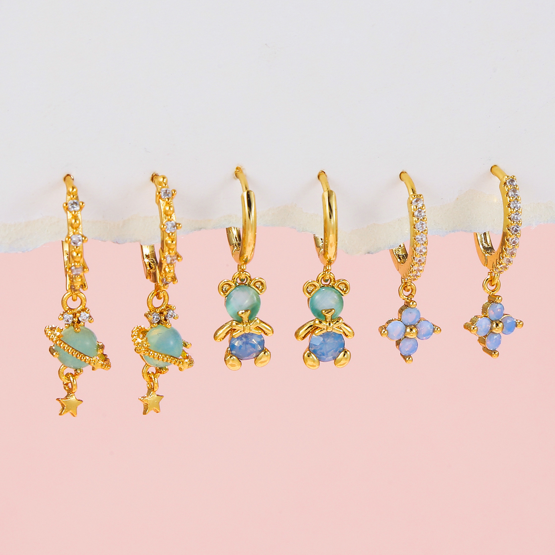 Fashion Star Flower Copper Inlay Zircon Dangling Earrings 1 Set