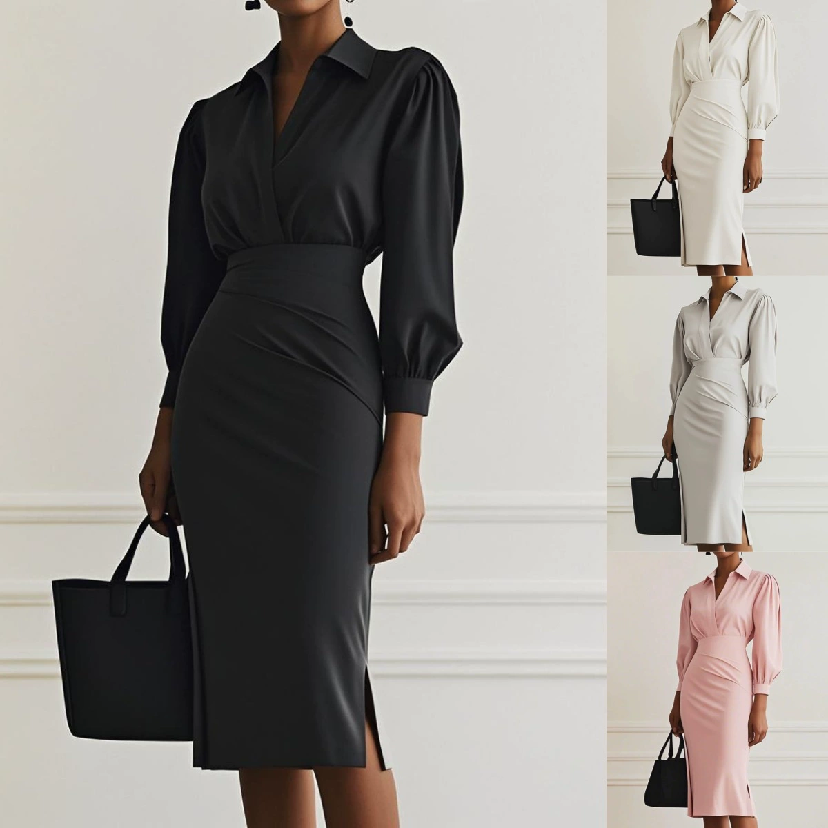 2025 Amazon трансграничный экспорт новое осеннее простое и модное платье с V-образным вырезом, однотонное, с плиссированной талией для женщин