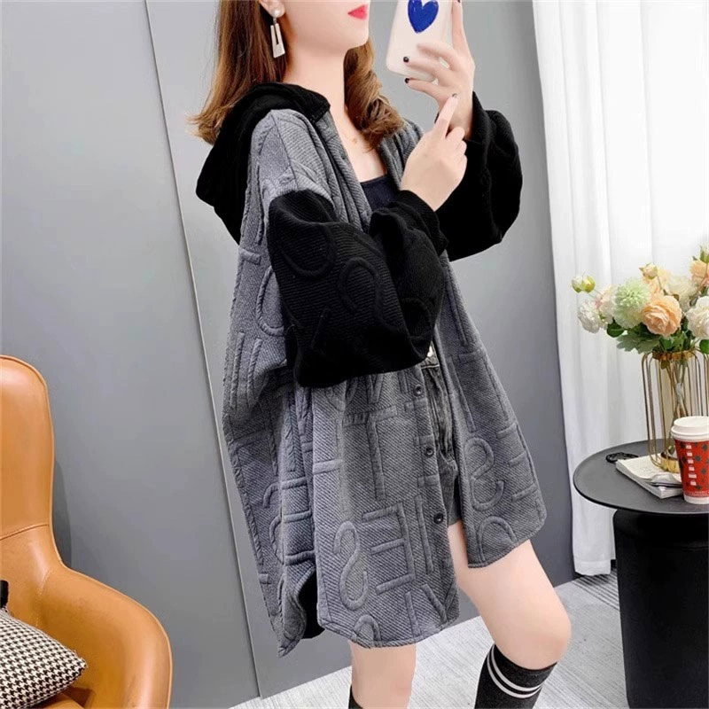 Осенние и зимние новые японские и корейские новые ретро-повседневные жаккардовые шитки с капюшоном средней и длинной свободной куртки для женщин