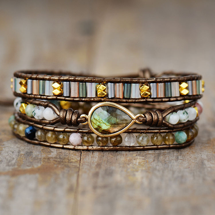 Cross-border hot-selling labradorite drop-shaped winding bracelet stone hand-woven 3-layer leather chain fashion jewelry Cross-border hot-selling labradorite drop-shaped winding bracelet stone hand-woven 3-layer leather chain fashion jewelry