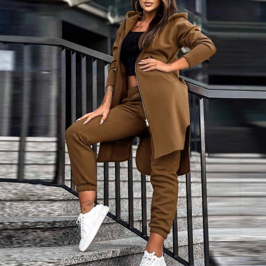 2025 Amazon Cross-Border New Fashion Casual Hooded Fleece Sweatshirt Jacket Two-Piece Women's Set